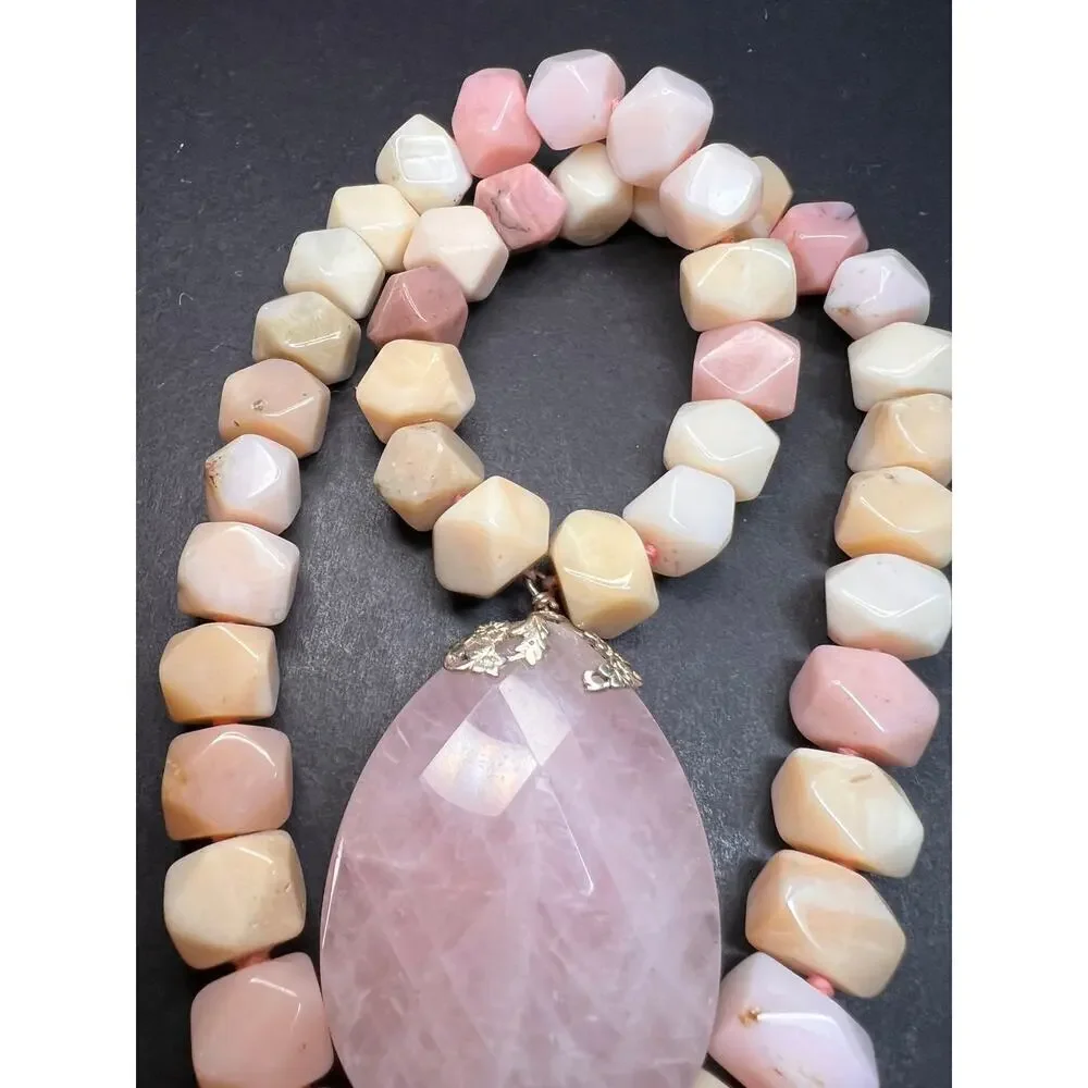 NEW pink opal and rose quartz Sterling silver necklace